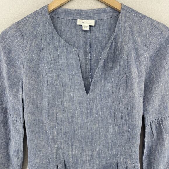 J. JILL Dress XS Love Linen Cross Dyed V-Neck Bell Sleeve Tunic Blue Mini Dress - Picture 3 of 11